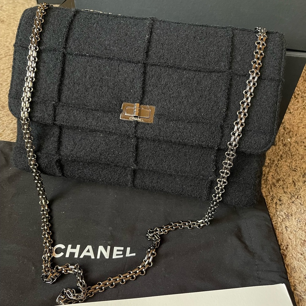 Chanel Chocolate Bar Mademoiselle Black Flap Bag Quilted Wool Jumbo - Picture 12 of 12